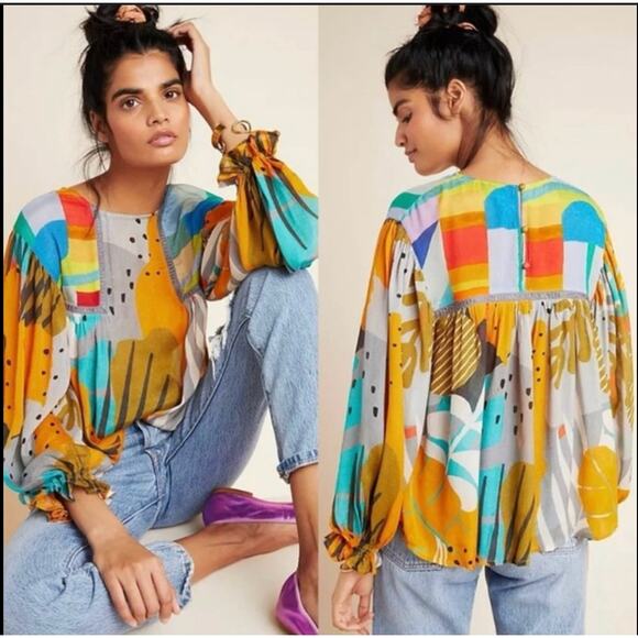 Anthropologie Bl-nk NYC Miranda Peasant Blouse Balloon Sleeve Artsy Tunic Retro - Picture 4 of 7
